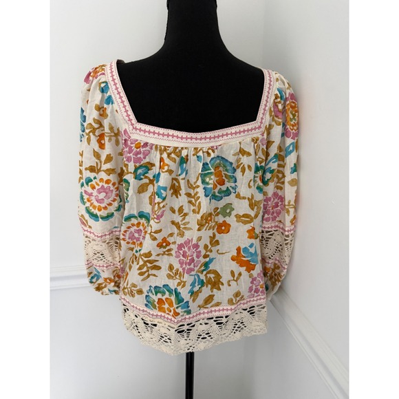 Floral Linen Blend Crochet Puff Sleeve Blouse XL Multicolor Fairycore boho - Picture 2 of 11